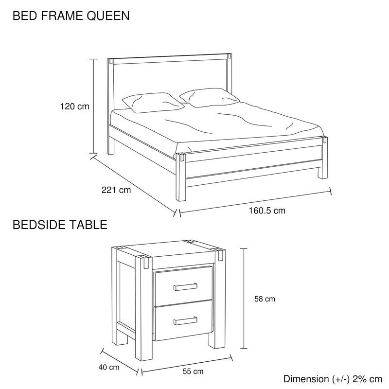 3 Pieces Bedroom Suite in Solid Wood Veneered Acacia Construction Timber Slat Queen Size Oak Colour Bed, Bedside Table