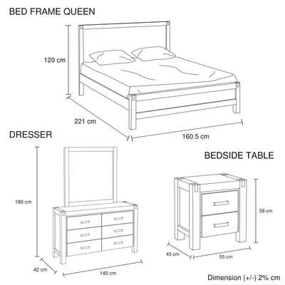 4 Pieces Bedroom Suite in Solid Wood Veneered Acacia Construction Timber Slat Queen Size Oak Colour Bed, Bedside Table & Dresser