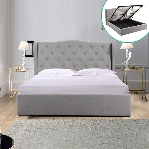 Gas Lift Queen Size Storage Bed Frame Upholstery Fabric in Grey Colour with Tufted Headboard and Wings - Payday Deals