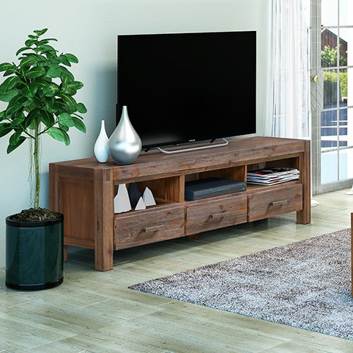 TV Cabinet with 3 Storage Drawers with Shelf Solid Acacia Wooden Frame Entertainment Unit in Chocolate Colour - Payday Deals