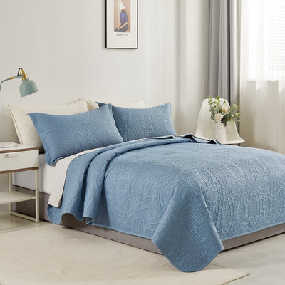 Lisbon Quilted 3 Pieces Embossed Coverlet Set-queen/king blue