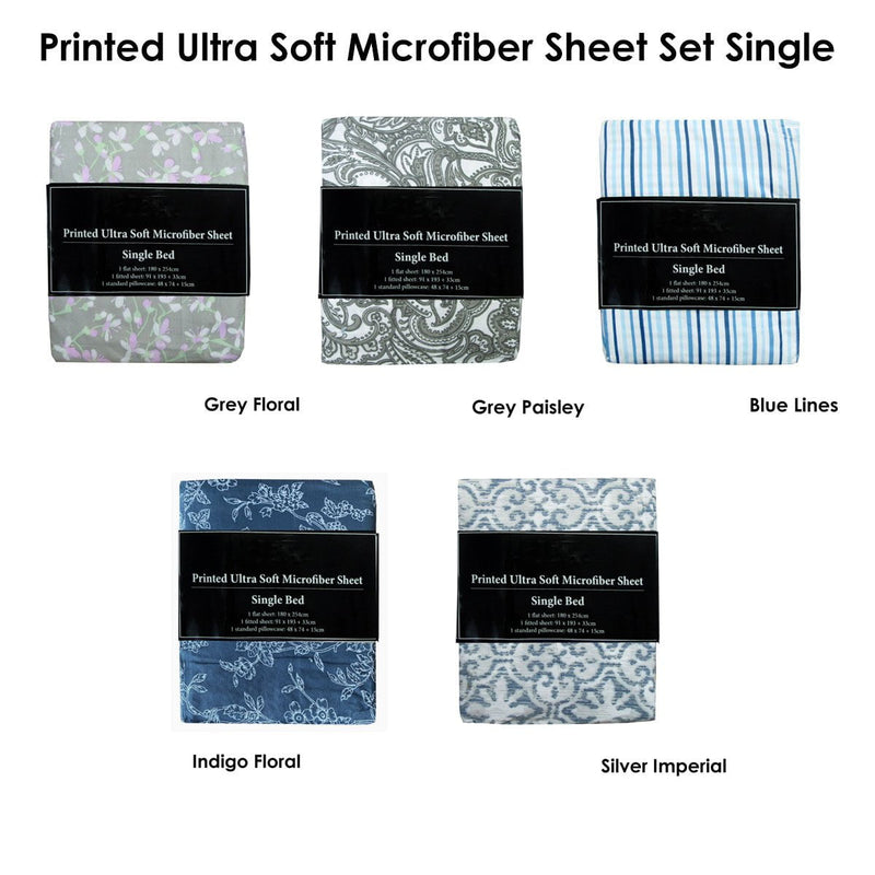 Printed Microfiber Sheet Set Single Grey Paisley