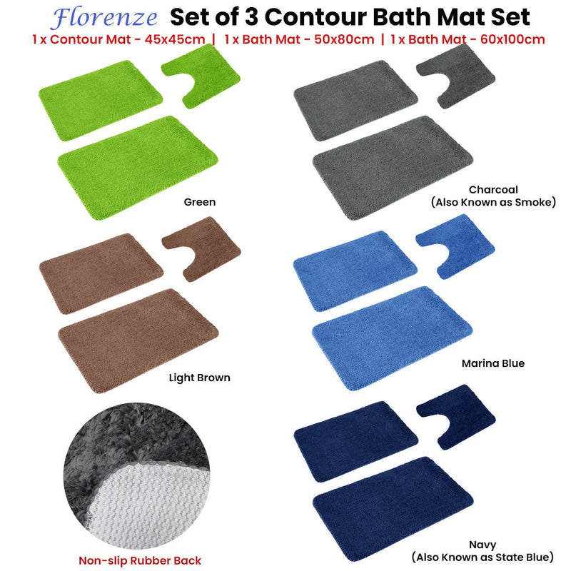 Florenz Set of 3 Contour Bath Mat Set Charcoal (Also Known as Smoke)