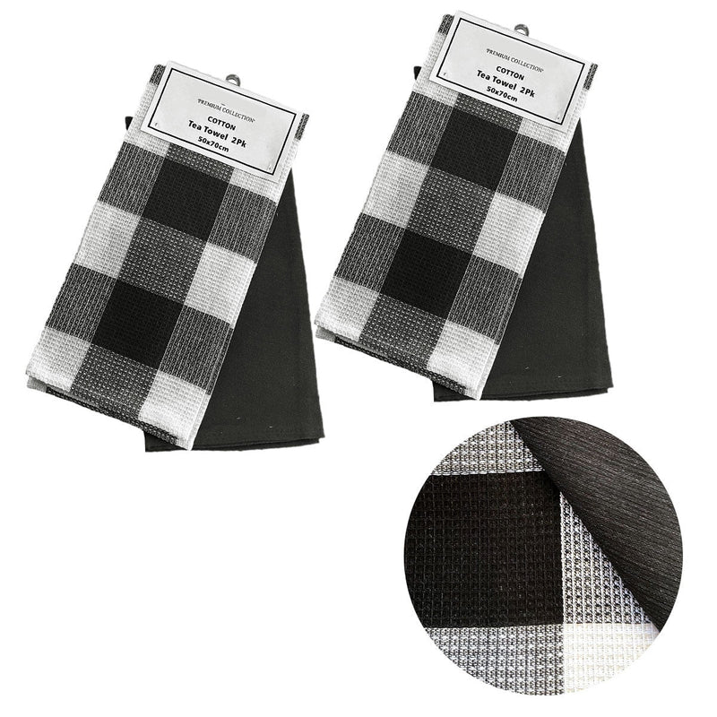 Set of 4 Cotton Waffle Checkered & Plain Dyed Tea Towels 50cm x 70cm Black