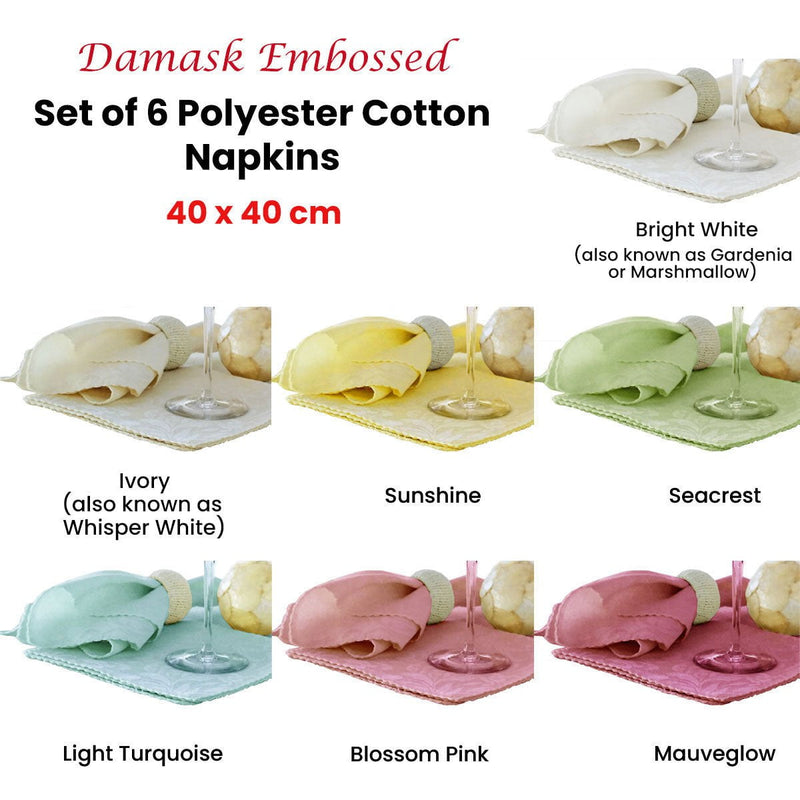 Set of 6 Damask Embossed Polyester Cotton Napkins Bright White (also known as Gardenia or Marshmallow) 40 x 40cm