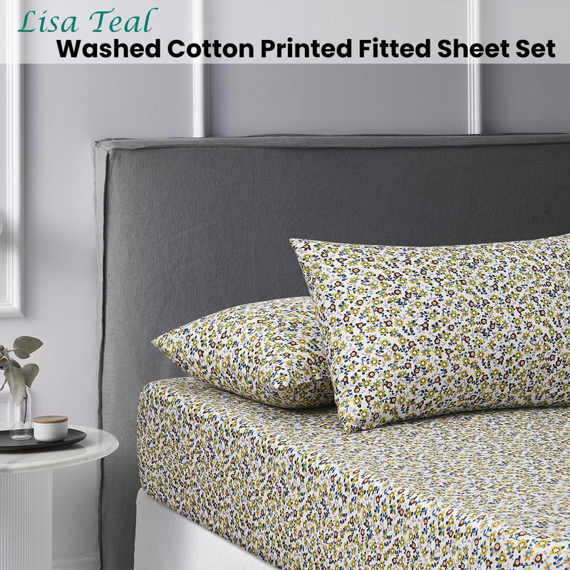 Accessorize Lisa Teal Washed Cotton Printed Fitted Sheet Set Single