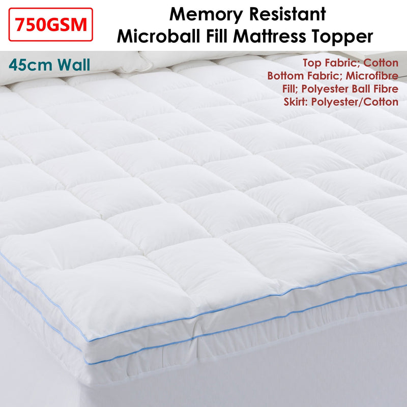 Cloudland 750GSM Memory Resistant Microball Fill Mattress Topper King Single