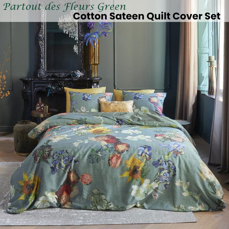 Bedding House Van Gogh Partout des Fleurs Green Cotton Sateen Quilt Cover Set King