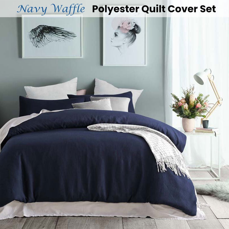 Accessorize Navy Waffle Polyester Quilt Cover Set King