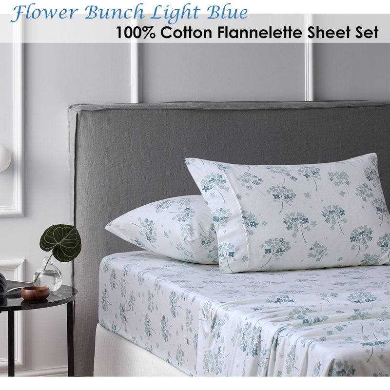 Accessorize Cotton Flannelette Sheet Set Flower Bunch Light Blue Single