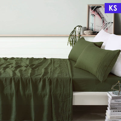 Vintage Design Homewares 100% Linen Olive Sheet Set King Single