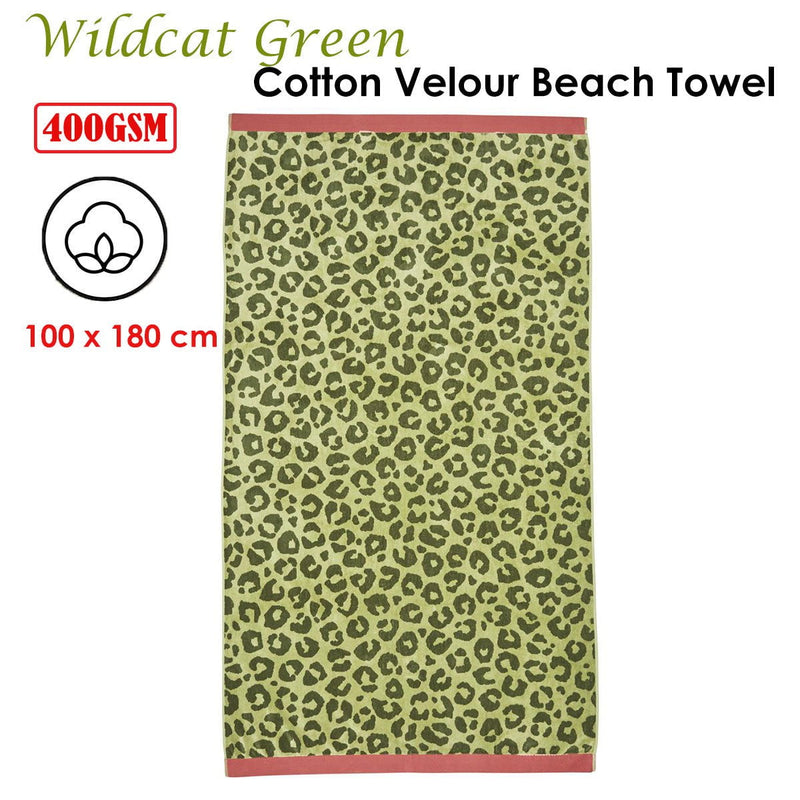 Bedding House Wildcat Green Cotton Velour Beach Towel