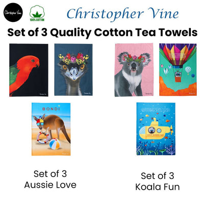 Set of 3 Christopher Vine Design 100% Cotton Tea Towels 50 x 70 cm - Koala Fun