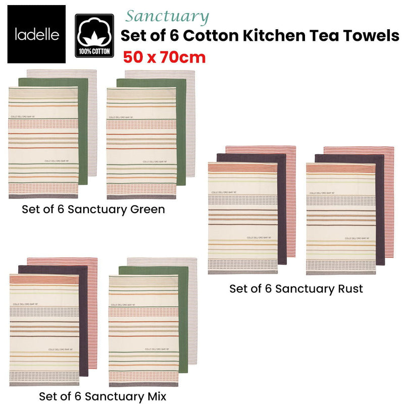 Ladelle Set of 6 Sanctuary Cotton Kitchen Tea Towels 50 x 70 cm Mix