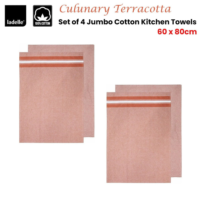 Ladelle Culinary Terracotta Cotton Set of 4 Jumbo Kitchen Towels 60 x 80 cm