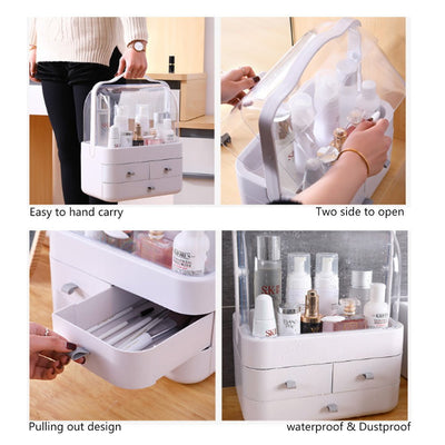 Cosmetics Storage Boxes Portable Dust-proof Makeup Jewelry Case Desktop Drawer(White-Pink)