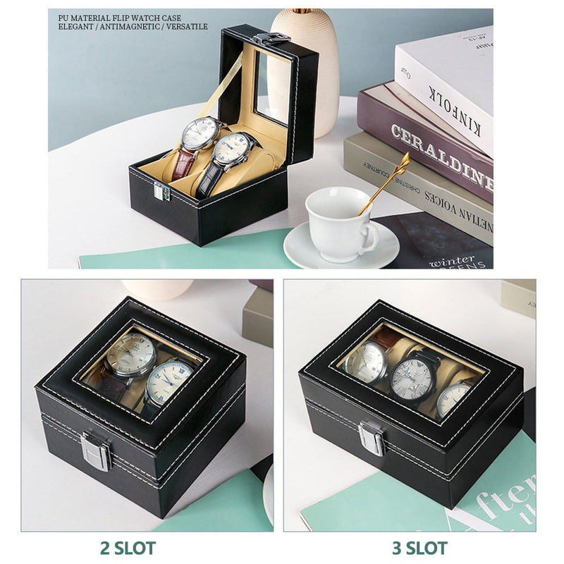 Watch Box Organizer Case Jewelry Display Tray Glass Top PU Leather(2 Slot)