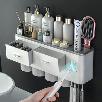 Toothbrush Holders with 3-4 Cups Automatic Toothpaste Dispenser Kit(3 Cups 1 Drawer)