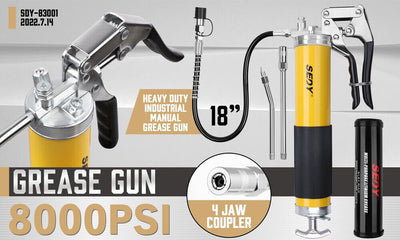 18inch Grease Gun 8000PSI Pistol Grip Flex Hose Heavy Duty Barrel With Cartridge