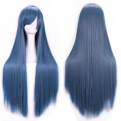 New 80cm Straight Sleek Long Full Hair Wigs w Side Bangs Cosplay Costume Womens, Dusty Blue