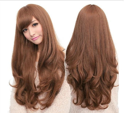 Long Wavy Curly Full Hair Wigs w Side Bangs Cosplay Costume Fancy Anime Womens, Dark Brown