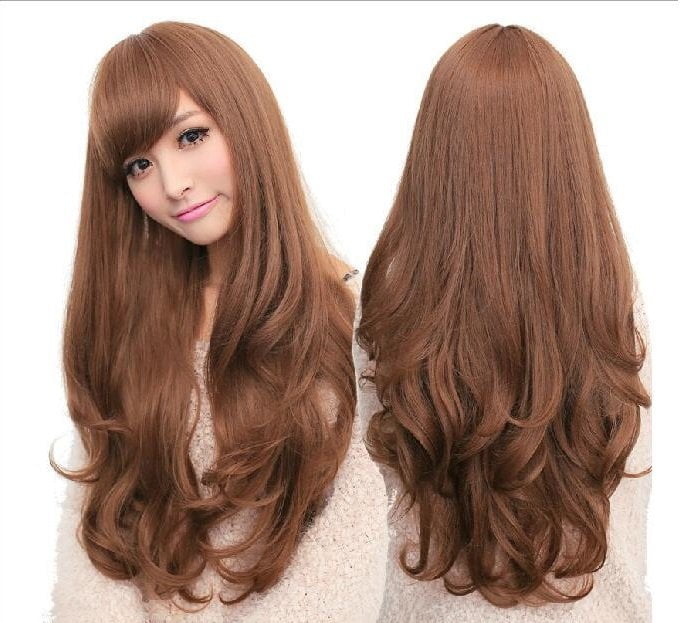 Long Wavy Curly Full Hair Wigs w Side Bangs Cosplay Costume Fancy Anime Womens, Dark Brown