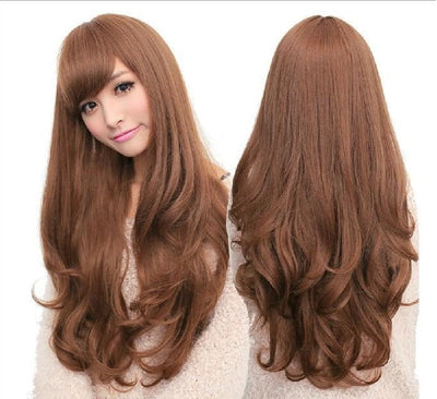 Long Wavy Curly Full Hair Wigs w Side Bangs Cosplay Costume Fancy Anime Womens, Light Brown