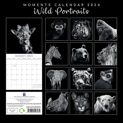 Wild Portraits - 2024 Square Wall Calendar 16 Months Black & White Planner Gift