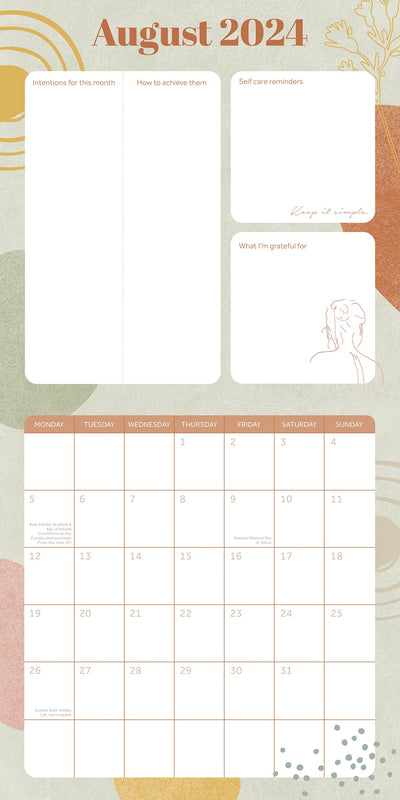 Wellness Planner - 2024 Square Wall Calendar 16 Months Health Mindset Planner