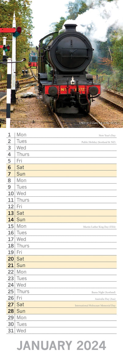 Steam Trains - 2024 Slimline Slim Wall Calendar Hanging Planner New Year Gift