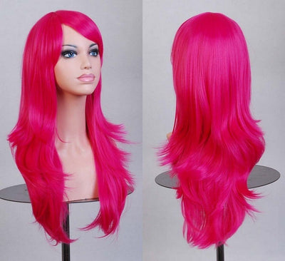 70cm Wavy Curly Sleek Full Hair Lady Wigs w Side Bangs Cosplay Costume Womens, Hot Pink