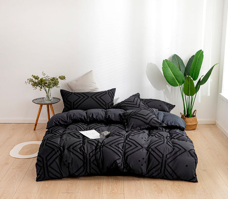 Tufted Textured Jacquard Super King Size Black Duvet Doona Quilt Cover Set