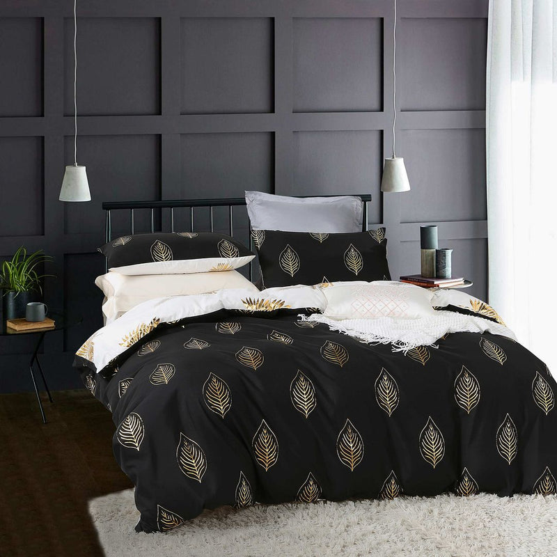 Reversible Design King Size Black Gold Duvet Doona Quilt Cover Set