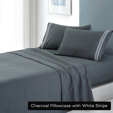 soft microfibre embroidered stripe sheet set queen charcoal pillowcase white stripe