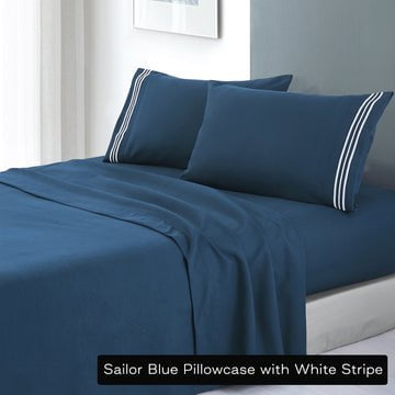 soft microfibre embroidered stripe sheet set single sailor blue pillowcase white stripe