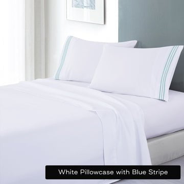 soft microfibre embroidered stripe sheet set single white pillowcase blue stripe