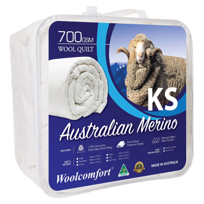 Woolcomfort Aus Made Merino Wool Quilt 700GSM 160x210cm King Single Size
