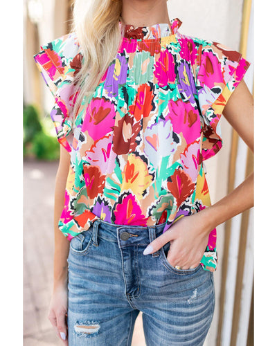 Azura Exchange Abstract Floral Print Frilled Neck Pleated Blouse - M