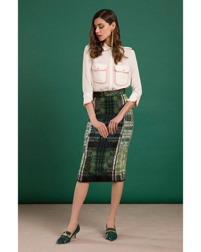 Wool Blend Knit Tartan Motif Skirt with Side Zip Closure 40 IT Women