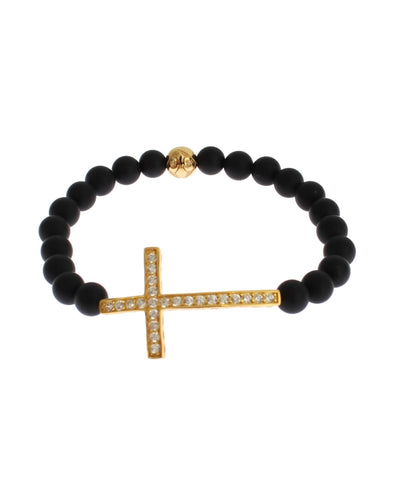 Authentic NIALAYA Bracelet with Matte Onyx Beads and CZ Diamond Cross S Women