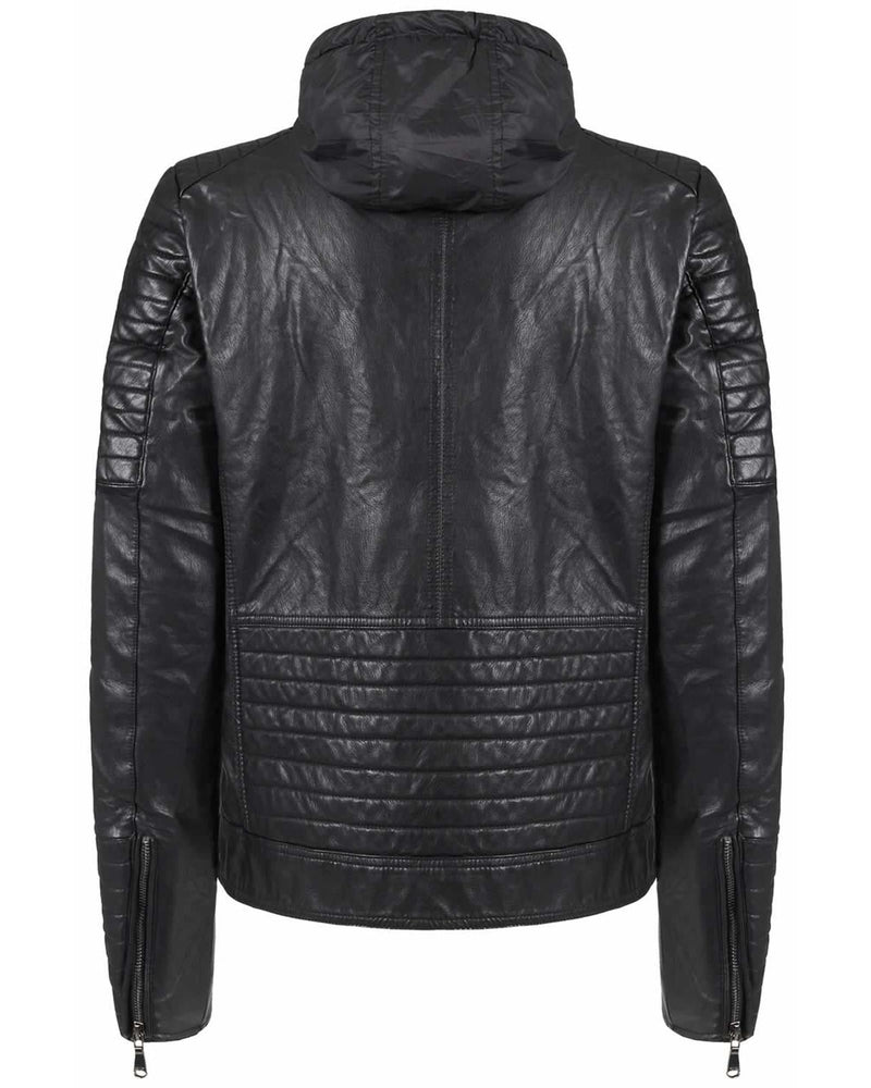 Yes Zee hooded eco-leather jacket with brand logo 4-pocket design S Men
