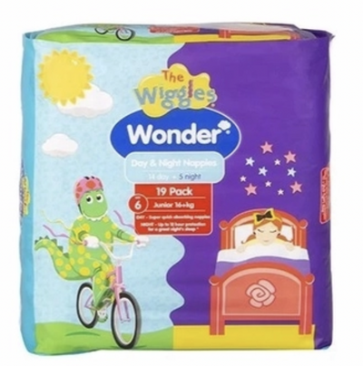 1 Pack 19pcs The Wiggles Wonder Nappies Day & Night Junior 16+kg - Size 6