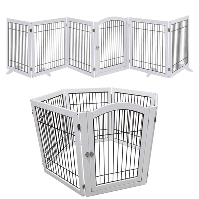 Wooden Dog Pen and Six Panel Pet Gate, White