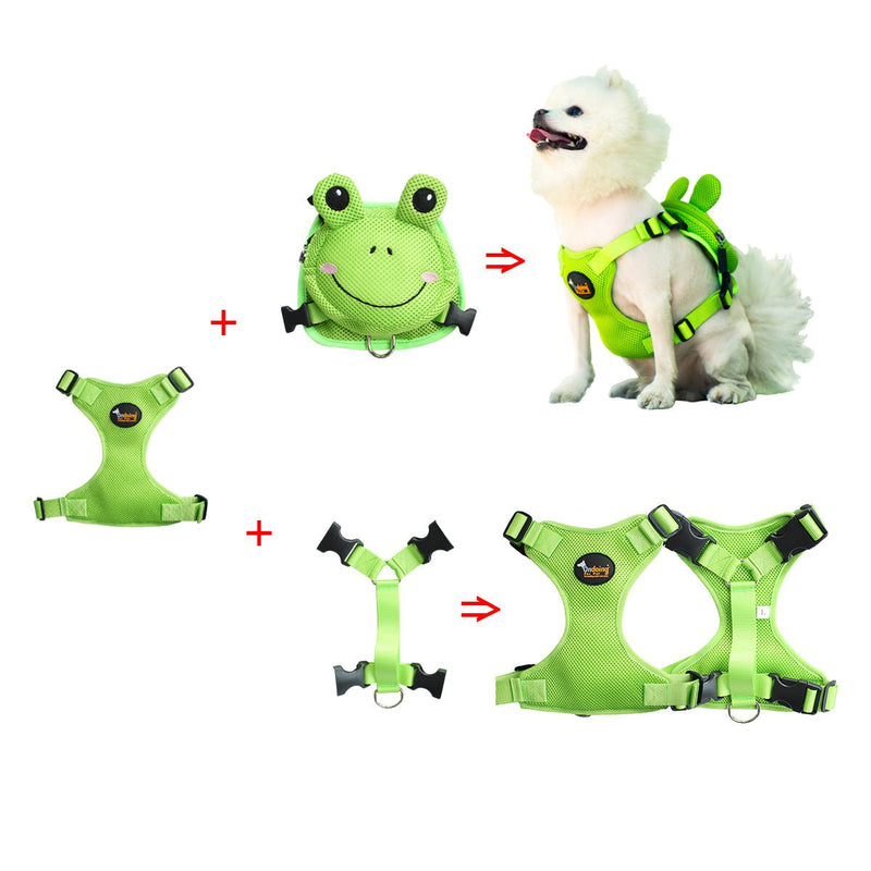 Ondoing Pet Saddle Bag Dog Harness Backpack Hiking Traveling Outdoor Bags Cute Costume (Green frog bag with leash set)M