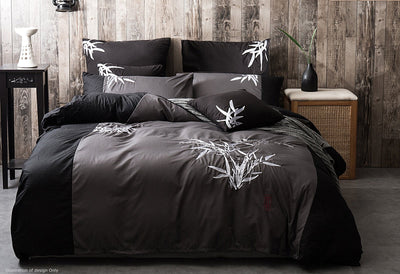 Luxton Queen Size Embroidered Bamboo Pattern Black Grey Quilt Cover Set (3PCS) - Payday Deals