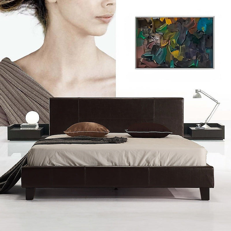 Queen PU Leather Bed Frame Brown