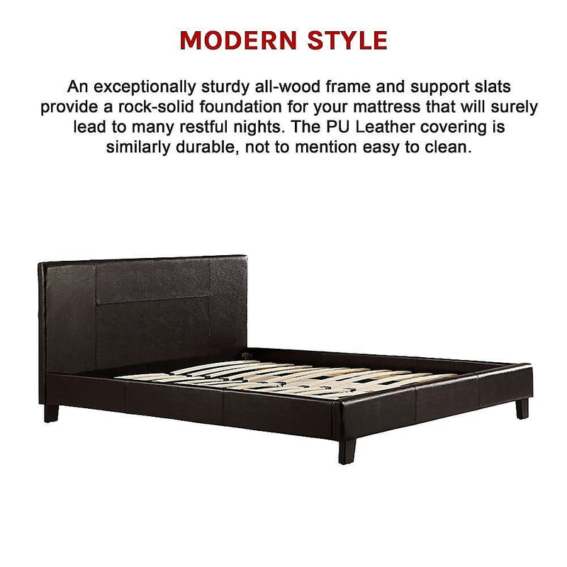 Queen PU Leather Bed Frame Brown