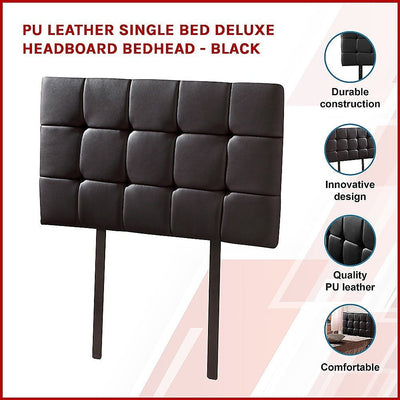 PU Leather Single Bed Deluxe Headboard Bedhead - Black