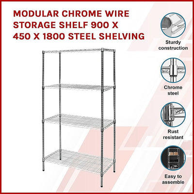 Modular Chrome Wire Storage Shelf 900 x 450 x 1800 Steel Shelving