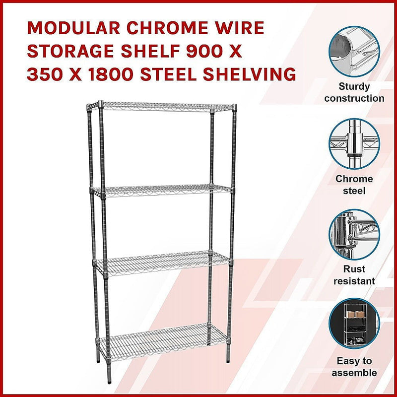 Modular Chrome Wire Storage Shelf 900 x 350 x 1800 Steel Shelving